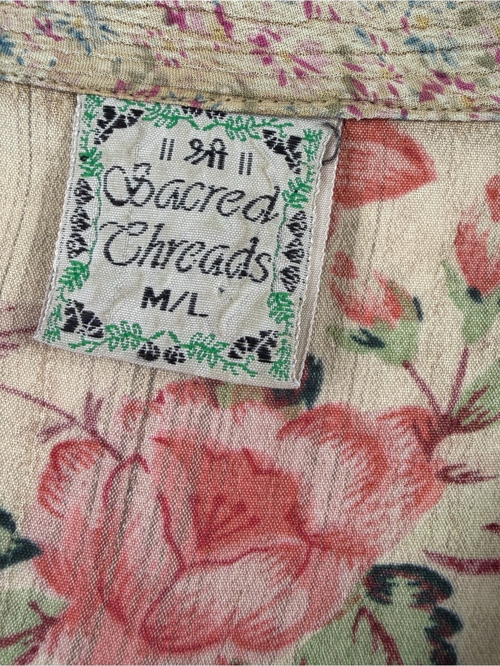 Sacred Threads Patchwork Floral Boho Jacket Shirt Prairie Cottagecore M/L - Picture 3 of 6